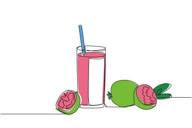 Tek sıra halinde bir bardak guava suyu, bardakta bir pipet ve guava parçaları çiziyor. Kan şekerini kontrol et. Taze. Ulusal Meyve Suyu Günü. Bir çizgi tasarımı vektör illüstrasyonu