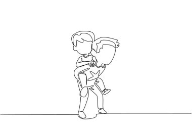 Devamlı bir çizgi, ağabeyimin küçük kardeşini sırtında taşımasını çekiyor. Birlikte çalışabilecek bir çocuk sahibi olmak. Eğlenceliydi. Bağ kurmak. Mutluluk. Kardeşler Günü. Tek çizgi çizimi tasarım vektör çizimi