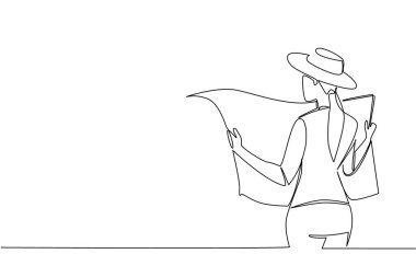 Yelek giyen, kovboy şapkası takan ve harita yayan bir kadın çiziyor. Eğlence olsun diye rastgele eşyalar arıyorum. Ulusal Define Avı Günü. Bir çizgi tasarımı vektör illüstrasyonu