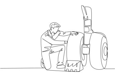 Bir hat boyunca uçak teknisyenleri uçağın tekerleklerini kontrol ediyor. İniş kontrol sistemini tekrar kontrol ediyorum. Havacılık Bakım Teknisyenleri Günü. Tek çizgi çizimi tasarım vektör çizimi