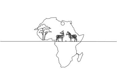 Bir çizgi, iki zebrası, güneşi ve ortada büyük bir ağacı olan Afrika kıtasını çiziyor. Çizgili derili Afrika hayvanları. Küresel Afrika Günü. Devamlı çizgi tasarımı grafik çizimi