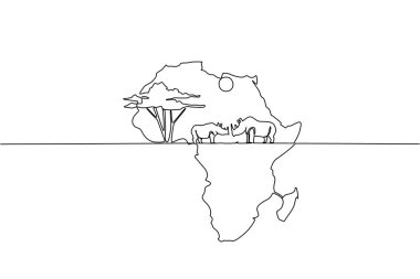İki gergedan, güneş ve büyük bir ağaç içeren Afrika kıtasının merkezi kısımlarını çizmeye devam ediyor. İyi bir ekosistem. Yaşam alanı. Küresel Afrika Günü. Tek çizgi çizimi tasarım vektör çizimi