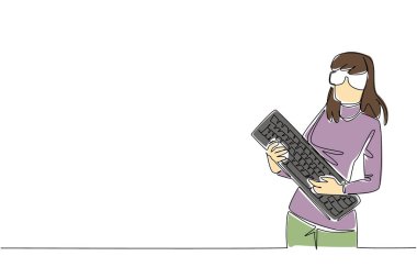 İnekler gibi giyinmiş, elinde gitar çalar gibi bir bilgisayar klavyesi tutan bir kadın çiziyor. Çok meşgulüm. Gitarla kafayı bozmuş. İnek Gururu Günü. Tek çizgi çizimi tasarım vektör çizimi