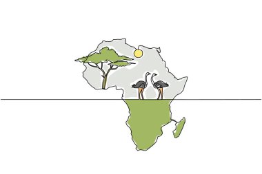 Tek sıra halinde Afrika kıtasının ortasında iki devekuşu, güneş ve büyük bir ağaç var. Devekuşunun doğal yaşam alanı. Küresel Afrika Günü. Bir çizgi tasarımı vektör illüstrasyonu