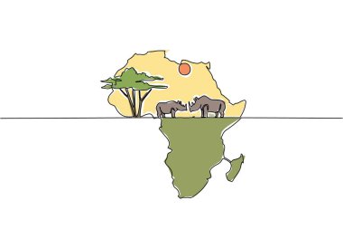 İki gergedan, güneş ve büyük bir ağaç içeren Afrika kıtasının merkezi kısımlarını çizmeye devam ediyor. İyi bir ekosistem. Yaşam alanı. Küresel Afrika Günü. Tek çizgi çizimi tasarım vektör çizimi