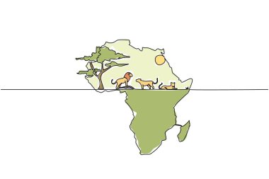 Afrika kıtasını erkek aslan, iki dişi aslan, güneş ve büyük ağaçla çizen tek sıra. Ekosistemin dengesini korumak. Küresel Afrika Günü. Bir çizgi tasarımı vektör illüstrasyonu