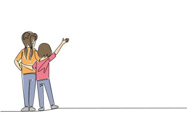 Dikiz aynasından bakan tek çizgi, birbirini kucaklayan iki küçük kız kardeş. Her zaman iyi geçinin. Koruyucu. Sevgi dolu. Kardeşler Günü. Devamlı çizgi tasarımı grafik çizimi