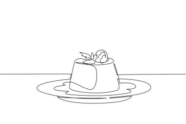 Üzerinde ahududu ve karamel sosu olan vanilyalı puding çizen tek sıra. Lezzetli lezzet kombinasyonu. Ulusal Vanilyalı Puding Günü. Bir çizgi tasarımı vektör illüstrasyonu