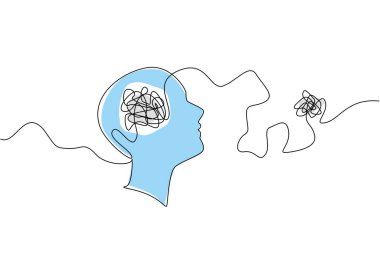 Kafasından dışarı doğru uzanan birbirine dolanmış bir iplik yumağıyla sürekli çizilmiş bir kafa silueti. Halüsinasyonlar. Kuruntular. Dünya Şizofreni Günü. Bir çizgi tasarımı vektör illüstrasyonu