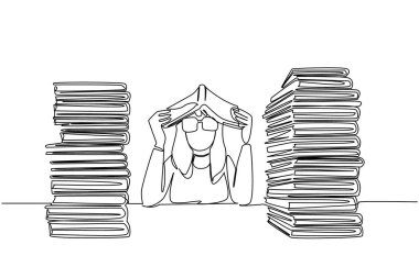 İnekler gibi giyinmiş bir kadının sürekli çizdiği bir çizgi, kafasına açık bir kitap koydu. Çok oku, çok kazanç sağla. Çok komik. Eğit. İnek Gururu Günü. Tek çizgi çizimi tasarım vektör çizimi