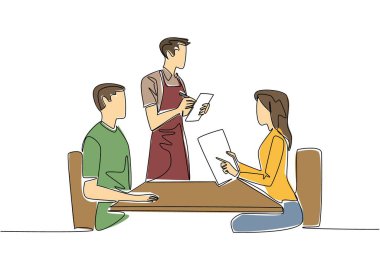 Tek sıra halinde, önlüklü erkek garsonlar, kadın ve erkek müşteriler için sipariş yazıyorlar. Menü siparişlerini dikkatli yaz. Ulusal Garson Günü. Devamlı çizgi tasarımı grafik çizimi
