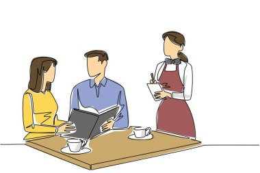 Önlüklü bayan garsonların, kadın ve erkek müşteriler için siparişleri yazması devam ediyor. Ulusal Garsonlar Günü 'nde arkadaşça hizmet ediyoruz. Tek çizgi çizimi tasarım vektör çizimi