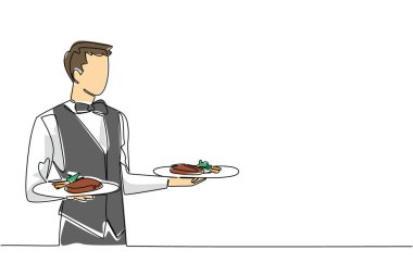 Garson üniforması giyen bir adamın iki elinde de bir tabak yemek taşıdığı tek sıra. Dikkatli çalışın. Zamanı değerlendir. Personel. Ulusal Garson Günü. Bir çizgi tasarımı vektör illüstrasyonu