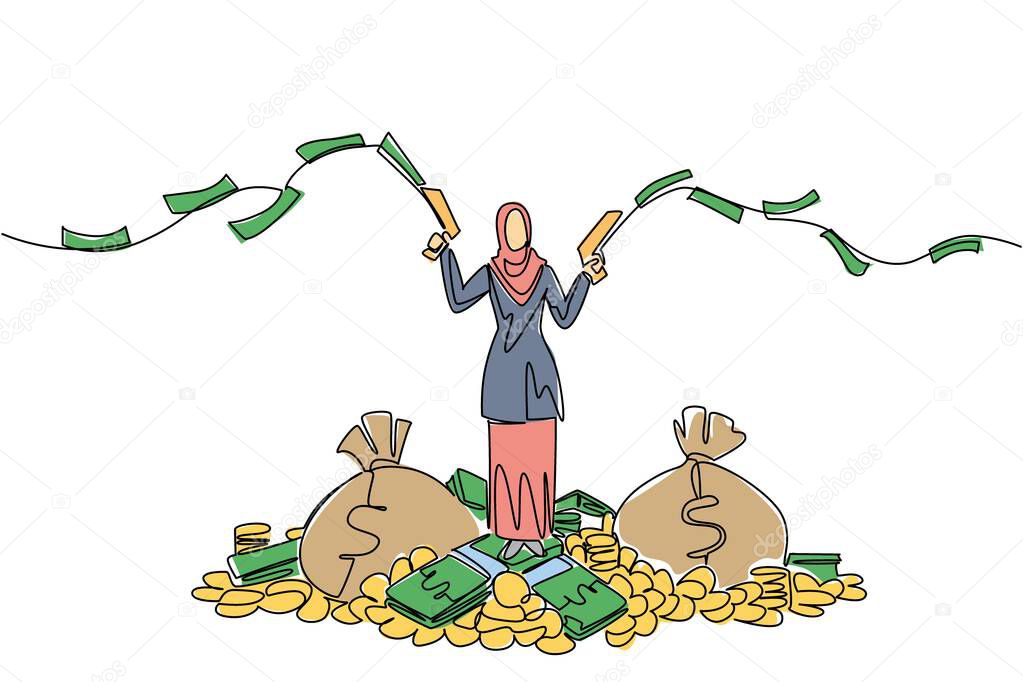 Continuous one line drawing Arab woman stands on pile of money holds gun that shoots out banknotes in both hands. Unlimited balance. Be a Millionaire Day. Single line draw design vector illustration