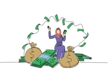 Bir Arap kadını çizmek için tek sıra halinde banknotların üzerine oturur ve banknotları fırlatır. Doğru servislere para harcıyorsun. Varlıklı. Milyoner günü olacak. Bir çizgi tasarımı vektör illüstrasyonu