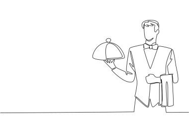 Tek sıra halinde, elinde metal tepsi ve elinde peçeteyle papyonlu erkek garsonlar çiziyor. İmzalı yiyecekleri masaya götür. Ulusal Garson Günü. Bir çizgi tasarımı vektör illüstrasyonu