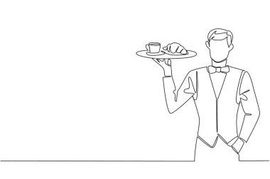 Tek sıra halinde, önlüklü erkek garsonlar bir bardak ve kruvasan dolu bir tepsi tutuyorlar. Basit bir kahvaltı menüsü getir. Ulusal Garson Günü. Bir çizgi tasarımı vektör illüstrasyonu