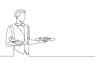 Garson üniforması giyen bir adamın iki elinde de bir tabak yemek taşıdığı tek sıra. Dikkatli çalışın. Zamanı değerlendir. Personel. Ulusal Garson Günü. Bir çizgi tasarımı vektör illüstrasyonu
