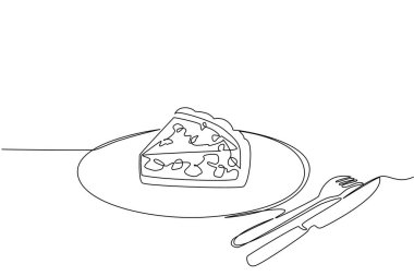 Tek sıra halinde küçük tabak üzerinde kereviz yaprakları olan küçük kiş lorraine parçaları çiziyor. Basit ve doyurucu bir kahvaltı. Ulusal Quiche Lorraine Günü. Bir çizgi tasarımı vektör illüstrasyonu