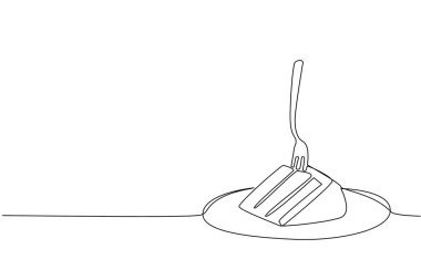 Tek sıra halinde küçük bir tabakta, pastaya çatal saplanmış bir şekilde şeytanın bir dilim pastasını çiziyor. Çok lezzetli bir pasta. Ulusal Şeytan Pastası Yemeği. Devamlı çizgi tasarımı grafik çizimi