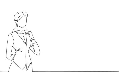 Tek sıra çizen bir kadın garson üniforması giyiyor ve tek eliyle papyon tutuyor. Yılın en iyi çalışanı seçildi. Ulusal Garson Günü. Devamlı çizgi tasarımı grafik çizimi