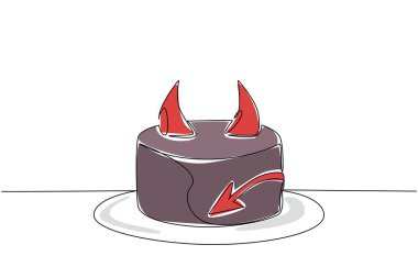 Devamlı bir çizgi halinde boynuz ve kuyruk kenarlı şeytan pastasından yiyecekler çiziyor. Yoğunluğun arkasındaki lezzet. Ulusal Şeytan Pastası Yemeği. Tek çizgi çizimi tasarım vektör çizimi