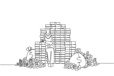 Aralıksız çizilen bir çizgi, bir kralın tahtını oluşturan banknotların ve para çantalarının üzerinde duruyor. Çok çalışmak karşılığını verir. Zengin. Milyoner günü olacak. Tek çizgi çizimi tasarım vektör çizimi