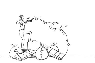 Devamlı bir çizgi çizen kadın banknot yığını üzerinde duruyor ve para çantası banknotları fırlatıyor. Yatırımcı olmak için para harcamak. Milyoner günü olacak. Tek çizgi çizimi tasarım vektör çizimi