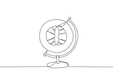 Bir çizgi ortasında yuvarlak bir plaka olan bir küre çiziyor ve içinde iki kruvasan var. Dünya Pasta Günü. Anında enerji kaynağı. Yüksek miktarda karbonhidrat. Devamlı çizgi tasarımı grafik çizimi