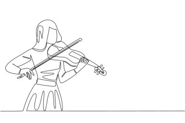 Gündelik giysiler içinde tek sıra halinde bir kadın çizmek keman çalmaktır. Mükemmel performans için kostümlü prova. Güzellik müzisyeni. Melodi. Dünya Keman Günü. Bir çizgi tasarımı vektör illüstrasyonu