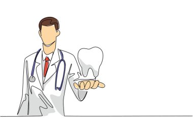 Devamlı bir çizgi halinde, erkek doktor elinde büyük bir diş tutuyor ve onu öne doğru tutuyor. İyi korunmuş dişler gibi. Bakım. Ulusal Diş Hekimi Günü. Tek çizgi çizimi tasarım vektör çizimi