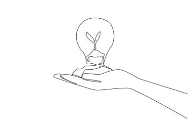 El çizen tek sıra ağaç filizleri ve ampulün içindeki toprak yığınını tutuyor. Doğayı korumaya devam et. Sürdürülebilir. Dünya Santral Gücü Günü. Bir çizgi tasarımı vektör illüstrasyonu