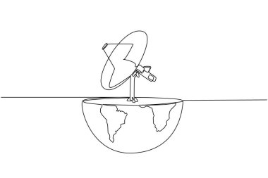 Üzerinde uydu alıcısı olan yarım küreyi çizen tek bir hat var. Uzaydan gelen sabit sinyal. Teknoloji. Dünya Telekomünikasyon ve Bilgi Topluluğu Günü. Bir çizgi tasarımı vektör illüstrasyonu