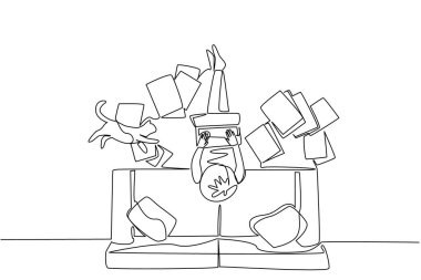 Sürekli bir çizgi çizen adam dizüstü bilgisayarda oturup kağıtları dağıtıyor ve kedi yerde yatıyor. Sorunsuz bir iş. Ev Günü 'nden Ulusal İş. Tek çizgi çizimi tasarım vektör çizimi