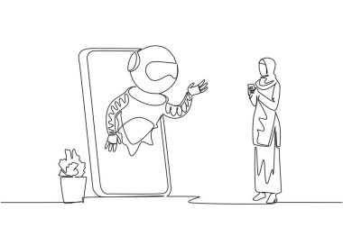 Sürekli bir çizgi çizen Arap kadın akıllı telefonu tutuyor ve büyük akıllı telefondan robot çıkıyor. Al 'dan yardım. Uluslararası Sanal Asistanlar Günü. Tek çizgi çizimi tasarım vektör çizimi