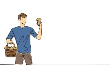 Tek sıra halinde bir elinde mantarla dolu rattan bir sepet taşıyan bir adam. Şaşırdım. Duanı al. Yenilebilir. Ulusal Mantar Avlama Günü. Devamlı çizgi tasarımı grafik çizimi