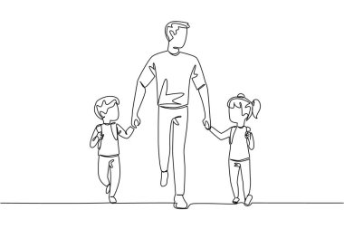 Bir babanın sürekli çizdiği tek çizgi oğlunu ve kızını sağında ve solunda tutar. Modern bir baba figürü. Sorumluluk sahibi. Okula sağ salim git. Bir çizgi tasarımı vektör illüstrasyonu