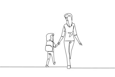 Sırt çantası taşıyan küçük bir kızın annesiyle el ele yürüdüğü bir çizgi. Çocuğu başka şekillerde sev. Okula sağ salim git. Tek çizgi çizimi tasarım vektör çizimi