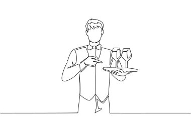 Garson çizen tek sıra bir tepsi taşır ve bir bardak meyve suyunu işaret eder. Müşteriler için içecekleri tazeliyorum. Sağlıklı içecekler. Ulusal Garsonlar Günü. Devamlı çizgi tasarımı grafik çizimi