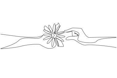 Sürekli çizilen tek bir çizgi bir çiçeğe el uzatıyor. Üst Manzara. Güzellik gösterisi. Minnettarlığımın ifadesi. Aşk partneri. Çiçekleri Birisine Getir Günü. Bir çizgi tasarımı vektör illüstrasyonu