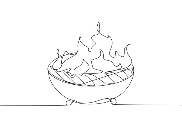 Одна сплошная линия рисования барбекю гриль с пылающим пламенем. Контейнер готов к нагреву. Время для барбекю-вечеринки. Любители мяса. Национальный день барбекю. Векторная иллюстрация