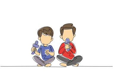 Sürekli bir çizgi halinde iki kardeş mikrofon tutuyor. Mikrofon denen teknolojiden faydalanıyor. Karaoke ve neşe. Birlikte eğlenmek. Kardeşler Günü. Tek çizgi çizimi tasarım vektör çizimi