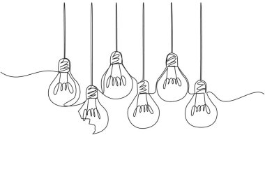 Tek sıra halinde 6 ampul çiziyor ve bir ampul kırık. Parazit. Grup yok edicisi. En işe yaramaz olanı. Kırılmış. Ulusal Yaratıcılık Günü. Devamlı çizgi tasarımı grafik çizimi