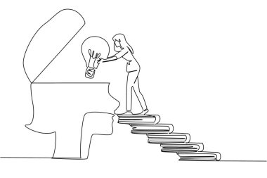 Bir kadının sürekli yürüdüğü tek bir çizgi büyük bir ampulü açık bir kafanın siluetine doğru taşır. Huzur aşılıyorum. Ulusal Yaratıcılık Günü. Bir çizgi tasarımı vektör illüstrasyonu