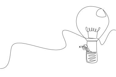 Tek sıra halinde iş kadını çiziyor sıcak hava balonuna biniyor ampul şeklinde ve tek gözlü gözüyle bakıyor. Yeni fırsatlar. Ulusal Yaratıcılık Günü. Devamlı çizgi tasarımı grafik çizimi