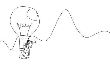 Sürekli bir hat çizerek işadamı sıcak hava balonu şeklinde ampul kullanıyor ve tek göz kullanarak içinden bakıyor. Önsezi. Bir fikrim var. Ulusal Yaratıcılık Günü. Tek çizgi çizimi tasarım vektör çizimi