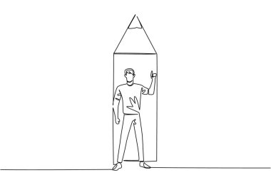 Tek sıra halinde duran bir adam bir jestle kalemin alt ucunda duruyor. Çözüm yazmak doğru yoldur. Ulusal Yaratıcılık Günü. Bir çizgi tasarımı vektör illüstrasyonu