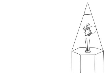 Bir kadının çizdiği bir çizgi, kaleminin ucunda jestli bir ampul taşıyor. Adapte olmak için çözümler. Yenilik yap. Ulusal Yaratıcılık Günü. Tek çizgi çizimi tasarım vektör çizimi