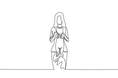 Bir kadının çizdiği bir çizgi sürekli bir kediyi tutuyor. Taşıyorum. Evcil hayvan. Heyecandan sarıldı. Sevilen hayvanlarla hafta sonu eğlencesi. Uluslararası Kedi Sarılma Günü. Tek çizgi çizimi tasarım vektör çizimi