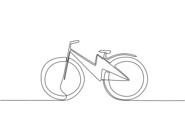 Bisiklet iskeletinin ortasına yıldırım çizen tek bir çizgi. Bisiklete ilham verecek elektrik teknolojisi. Herkes için uygundur. Ulusal E Bisiklet Günü. Devamlı çizgi tasarımı grafik çizimi